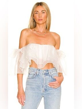 Show Me Your MuMu Russella Ruffle Top Sheer White Organza Crop Top Medium Bridal